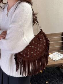 Shoulder Bag With Semi-Circular Body, Decorated With Tassels And Metal Eyelets, Adjustable Strap For Shoulder Carry. Moderate Capacity To Store Essential Personal Items, Unique Vintage Style Suitable For Daily Outings, Effortlessly Enhancing Overall Outfit Style. - Coffee Brown - View 3