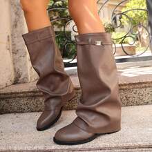 1 Pair Women's European & American Style Buckle Stacked Heel Boots, Pointed Toe Slightly Flared Shaft, Chunky Heel Slimming Versatile Riding Boots, Internet Celebrity Same Style High Tube Long Boots - Mocha Brown - View 5
