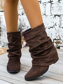 WTKMRSSTEP Vintage Ruched Stacked Boots Women Pointed Toe Low Heel Mid-Calf Boots Minimalist Solid Color Autumn Winter Commute Shaft Shoes - Brown - View 5