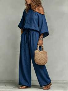 Elegant Commuter Colorblock Patchwork Design, Asymmetrical Shoulder Loose Top, Paired With Straight Leg Pants, Slanted Pockets, Woven Solid Color, Women's 2 Pieces Set - Navy Blue - View 3