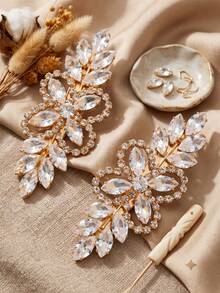 2pcs Elegant Rhinestone Flower Hair Clips Artificial Zirconia Leaf Hairpins Bridal Wedding Hair Accessories Gift Autumn Outfit Accessory - Multicolor - View 7