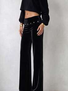 Women's Black Velour Mid Rise Wide Leg Pants Stud Detail Party Night Out Trousers - Black - View 5