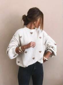 Women's Plus Size Heart Pattern Round Neck Drop Shoulder Long Sleeve Casual Sweater - White - View 9