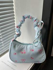 1pc Blue Nylon Fabric Smooth Zipper Floral Print Drawstring Shoulder Strap Fashion Versatile Casual Minimalist Autumn/Winter New Elegant Niche Shoulder Women Bag Suitable For Daily Use - Blue - View 4