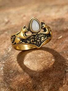 1pc Vintage Cat Ring For Women Gold Color Imitation White Opal Ring Retro Embossed Animal Cat Finger Ring Bohemian Gothic Jewelry Party Birthday Gift - Ring - View 3
