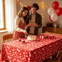 1pc Valentine's Day Red Hand Drawn Heart Tablecloth, Rectangular Disposable Table Cover For Romantic Party Decor For Wedding, Anniversary, Valentine Party Decor - Multicolor - View 4