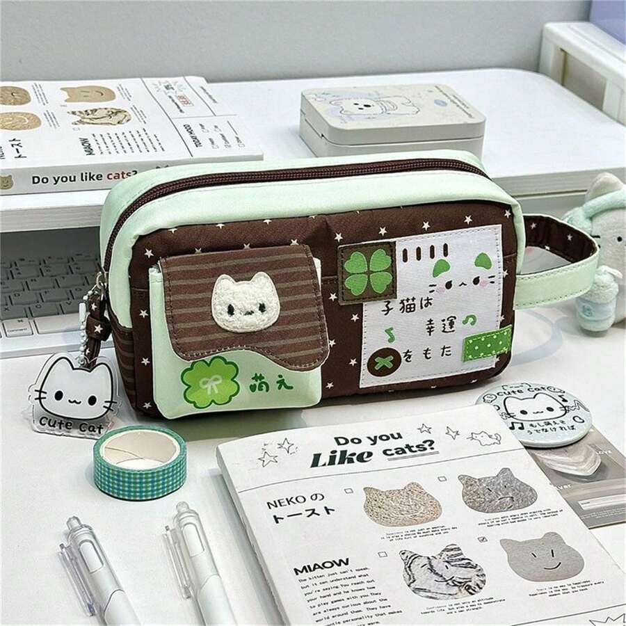 Fashionable Pink And Brown Printed Small Storage Bag, Suitable For Storing Stationery Or Small Accessories, A Practical And Cute Gift For Cat Lovers! Back To School Season