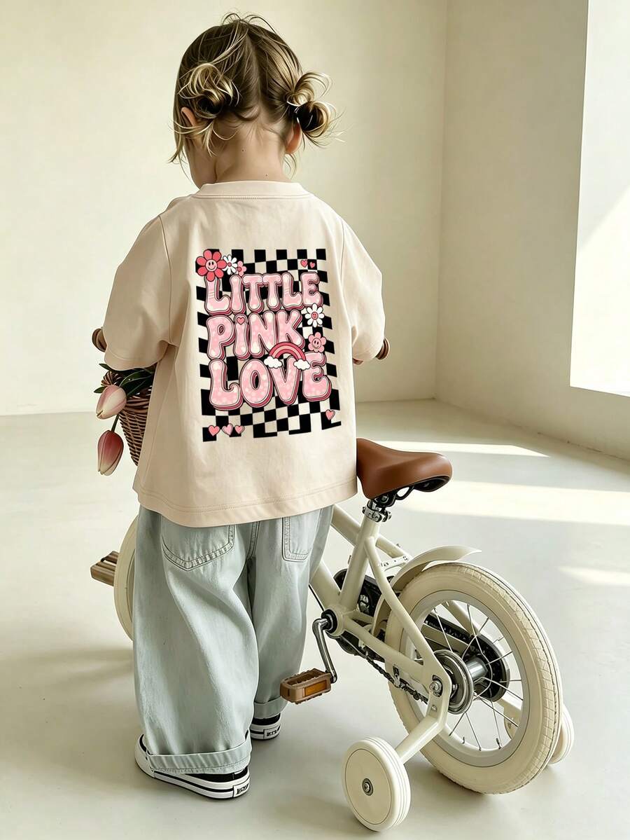 Baby GirlMinimalist Plaid Graffiti & Letter Print Round Neck Short Sleeve Cute Top - Apricot - View 1
