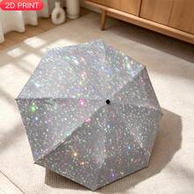 1Pc 2D Printed Silver Glitter Galaxy Auto Folding Umbrella, 8-Rib Iron Frame With Good Stability, Sturdy & Durable, Compact & Portable Design, Unisex, Great For Commute, Travel And Outdoor Activities - Silver With Bag - View 1