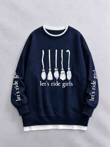 Plus Size Women's 2 In 1 Sweatshirt, Witch Broom Fun Graphic Print, Sleeve Letter Print, Loose Casual Drop Shoulder Long Sleeve Pullover - Navy Blue - View 6