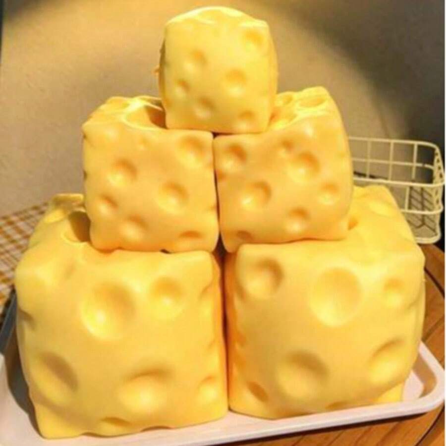New Style Leisure Cheese Cube Hand Squeeze Fidget Toy, Realistic Emmental Cheese Texture, Creamy Soft Squishy Smooth Touch, Slow Rebound, Durable Reusable Stress Relief Toy, Soft Plastic Slow Rising Squishy Fidget For Office Home, 1PC New