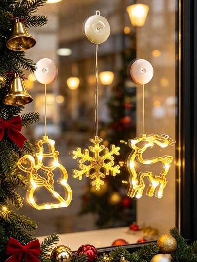 1pc Warm Yellow Christmas Window Light, LED Suction Cup Light, Indoor Christmas Decoration, Snowman, Snowflake, Reindeer Pattern, Battery Powered Indoor/Outdoor Decoration, Christmas Tree Party Home Decor (Battery Not Included)