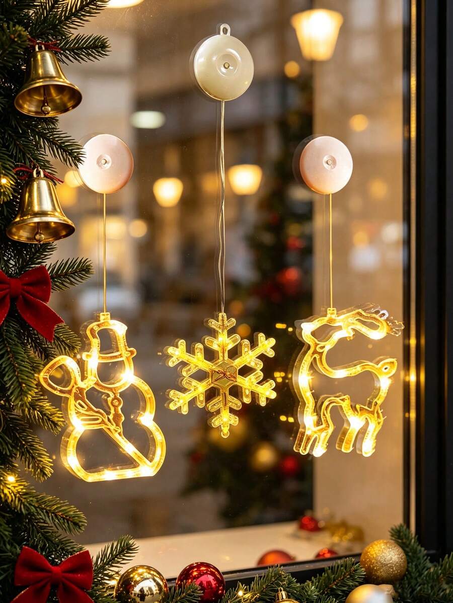 1pc Warm Yellow Christmas Window Light, LED Suction Cup Light, Indoor Christmas Decoration, Snowman, Snowflake, Reindeer Pattern, Battery Powered Indoor/Outdoor Decoration, Christmas Tree Party Home Decor (Battery Not Included) - Multicolor - View 1