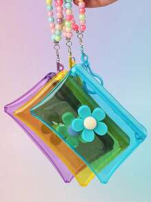 1pc Transparent PVC Colorful Coin Purse With Floral Beaded Chain, Girls Portable Travel Wallet (Floral Beaded Bracelet Color Random) - Multicolor - View 4