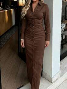 Vellofy Women's Autumn/Winter Brown Shirt Dress, Long Sleeve With Collar, Front Button Closure, Ruched Waist, Slim Fit Bodycon Long Dress, Elegant And Flattering, Suitable For Commuting, Daily Wear, Dating, Light Parties - Brown - View 2