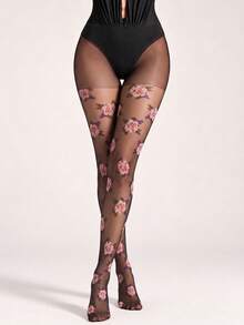 1 Pair Women's Sheer Black Tights With Embroidered Rose Pattern, Elegant Floral Pantyhose,Fashion Hosiery - Black - View 7