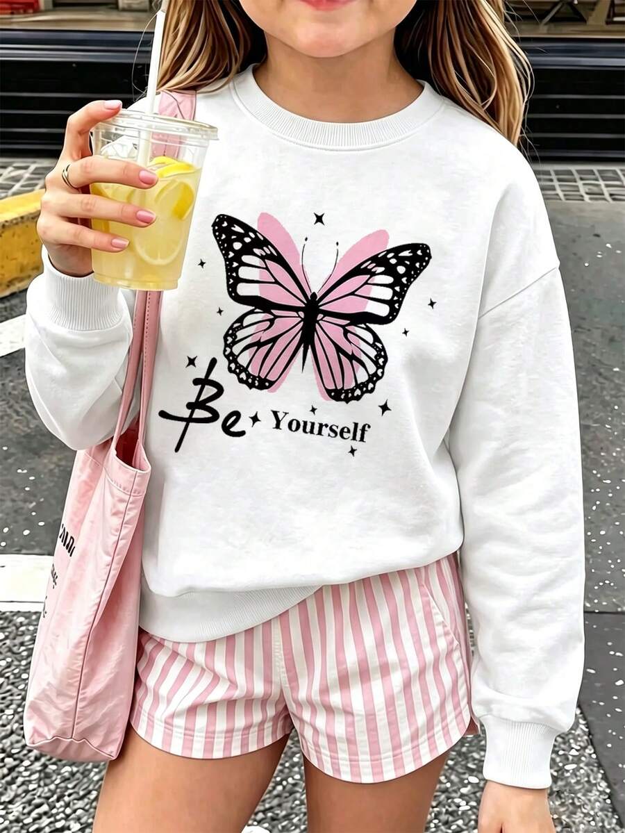 Tween Girl Casual Fun Print Crew Neck Long Sleeve Sweatshirt, Autumn/Winter Top - White - View 1