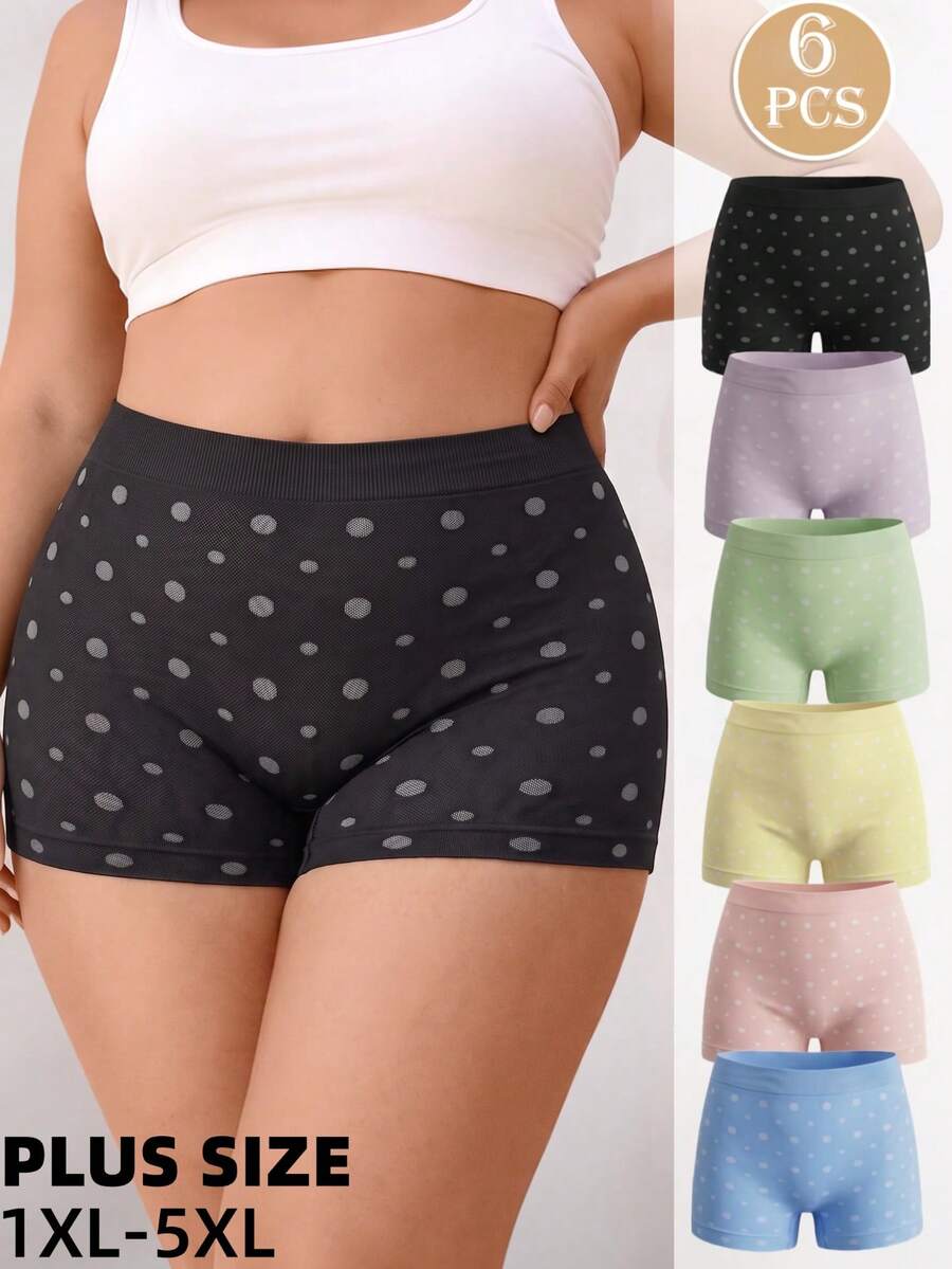 6pcs Plus Size Boxer Panties Polka Dot High Rise Autumn Winter Underwear Seamless Thermal Boyshort Briefs Daily Intimates - Multicolor - View 1