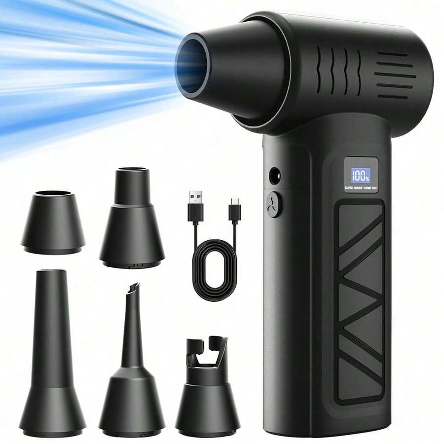 SULVGO 2*1300mAh Powerful Turbo Fan With Smart Display – 120000 RPM, 4 Speed Levels, Includes 5 Nozzles & High-Capacity Battery; Ideal Portable Cleaning Tool For Computers, Keyboards, Cars, And Outdoor Spaces; Perfect Holiday Gift