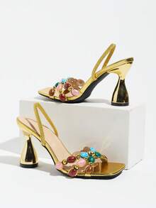 Women's Fashion Sexy Square Toe High Heel Sandals, Colorful Rhinestone Decor Design, Hollow Cross Strap Gorgeous Asymmetric Heel Mule Shoes, Open Toe Party Gold High Heels - Gold - View 5
