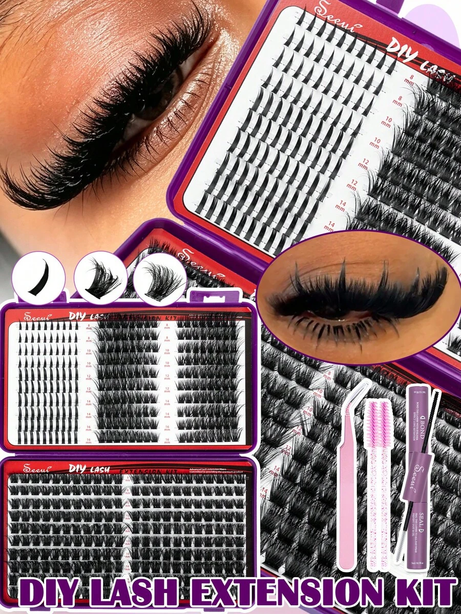 480pcs D Curl, Dense Voluminous False Lash Kit, Fales Eyelash Clusters, DlY Eyelash Extension Kit, Soft & Comfortable, With Bond And Seal, Tweezers, Brush, Wispy Soft Daily Cluster Lashes Self Use - Black - View 1