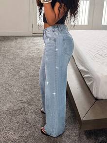 European & American Women's Non-Stretch Mid-Waist Versatile Fashion Fully Rhinestone Floor-Length Jeans, Loose Straight-Leg Design - Light Wash - View 6