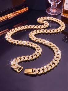 1pc 15mm Full Rhinestone Cuban Link Necklace, Men's Necklace, Suitable For Music Performance, Thick Hip-Hop Style, Suitable For Daily Wear, Party And Street Style - A - View 8