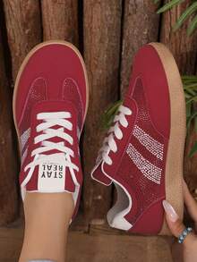 Sneakers Kasual Wanita, Desain Tali Ikat, Struktur Sol Datar - Merah - View 5
