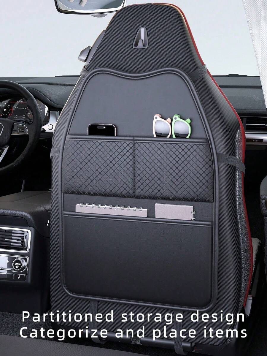 1pc Car Rear Seat Back Kick Mat PU Leather Seat Back Storage Bag Hanging Organizer Car Interior Storage Seat Back Organizer Multi-Functional - A - View 1