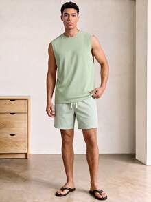 Voidago Setelan Pakaian Santai Kasual Pria Musim Panas: Atasan Leher Bulat dan Celana Pendek Bergaris dengan Tali Serut di Pinggang, Cocok untuk Sehari-hari - Mint Green - View 1
