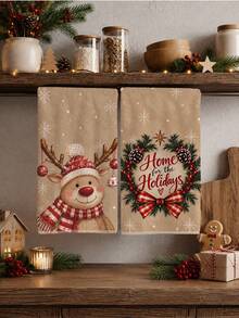 2pcs Christmas Cartoon Cute Reindeer Pattern Kitchen Towels, Soft Polyester Material Dish Cloths, Suitable For Kitchen Decor, Kitchen Cleaning, Holiday Party Decoration, Kitchen Bathroom Supplies Home Essentials, Home Decor, Housewarming Gift - Multicolor - View 2