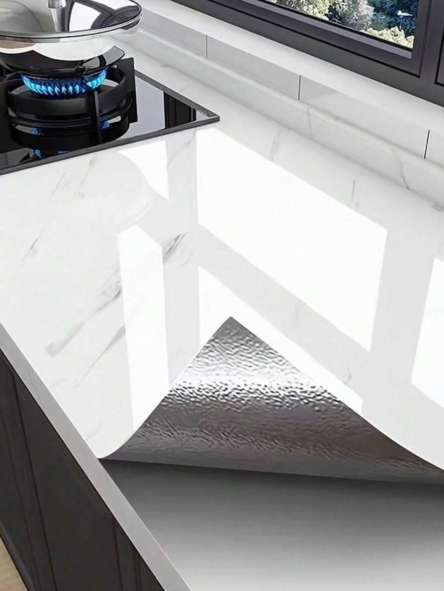 Self-Adhesive Marble Kitchen Countertop Protector Film, Oil-Resistant And Heat-Resistant, Easy To Clean Aluminum Foil Backing, Quartz Stone Texture, Suitable For Stove Countertop - A - View 1