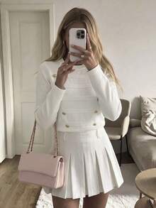 Women's Autumn Outfit: White Knit Round Neck Long Sleeve Top With Metal Buttons, Fashionable Minimalist Style, Suitable For Daily And Work Wear - White - View 4
