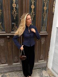 Fashionable Women's Pinstripe Regular Sleeve Stand Collar Blouse, Button Front Detail Long Sleeve Top In Non-Stretch Woven Fabric - Blue - View 2