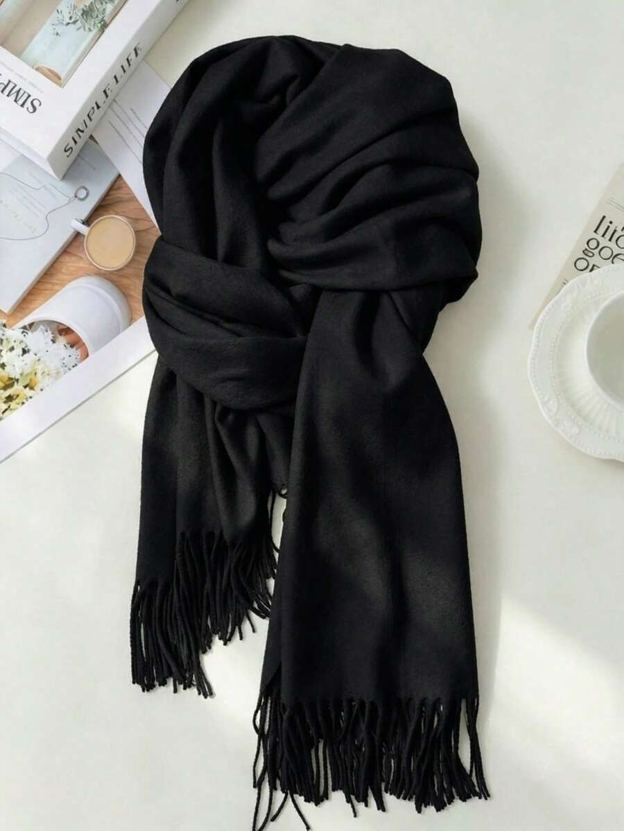 1pc Solid Color Men Scarf, Knit Tasseled Long Scarf/Neck Warmer For Autumn And Winter, Versatile Boyfriend Gift Men AccessoriesMen Scarves - Black - View 1