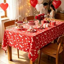 1pc Valentine's Day Red Hand Drawn Heart Tablecloth, Rectangular Disposable Table Cover For Romantic Party Decor For Wedding, Anniversary, Valentine Party Decor - Multicolor - View 2