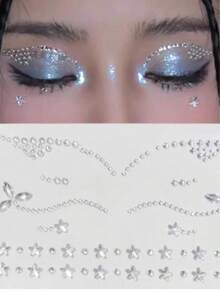 1pc Christmas New Silver Streamlined Rhinestone Round Rhombus Pentagram Face Makeup Sticker, For Face Makeup Decoration, Y2K European American Japanese Universal Style, Face Sticker Shop Exclusive - Silver - View 4