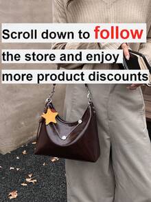 1pc Women's Solid Color PU Shoulder Crossbody Bag, Fashionable Retro Oil Wax Leather Chain Decor Crescent Bag, Suitable For Commuting And Shopping - Coffee Brown - View 2