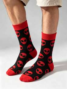 1 Pair Men's Red & Black Alien Cartoon Funny Creative Mid-Calf Socks, High Elasticity Skin-Friendly All Season Style, Suitable For Holiday Party Hip Hop Streetwear - Multicolor - View 6