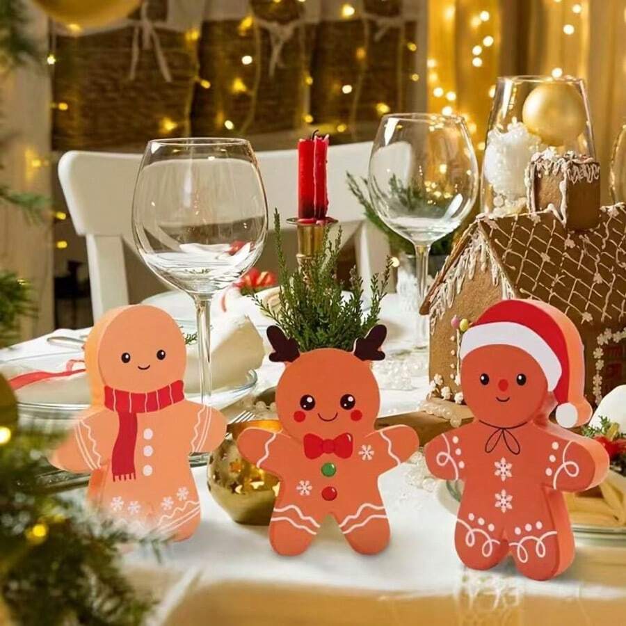 3pcs Gingerbread Man Christmas Decor, Cute Gingerbread Man Decoration, Wooden Gingerbread Man Blocks Christmas Table Decor, Suitable For Party, Home, Office, Bookshelf, Door - A - View 1