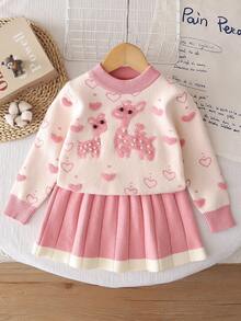 Girls' Fashion Autumn/Winter 2 Pieces Set, Cute Deer Knit Sweater Top And Skirt, Children's Clothing - Pink - View 1