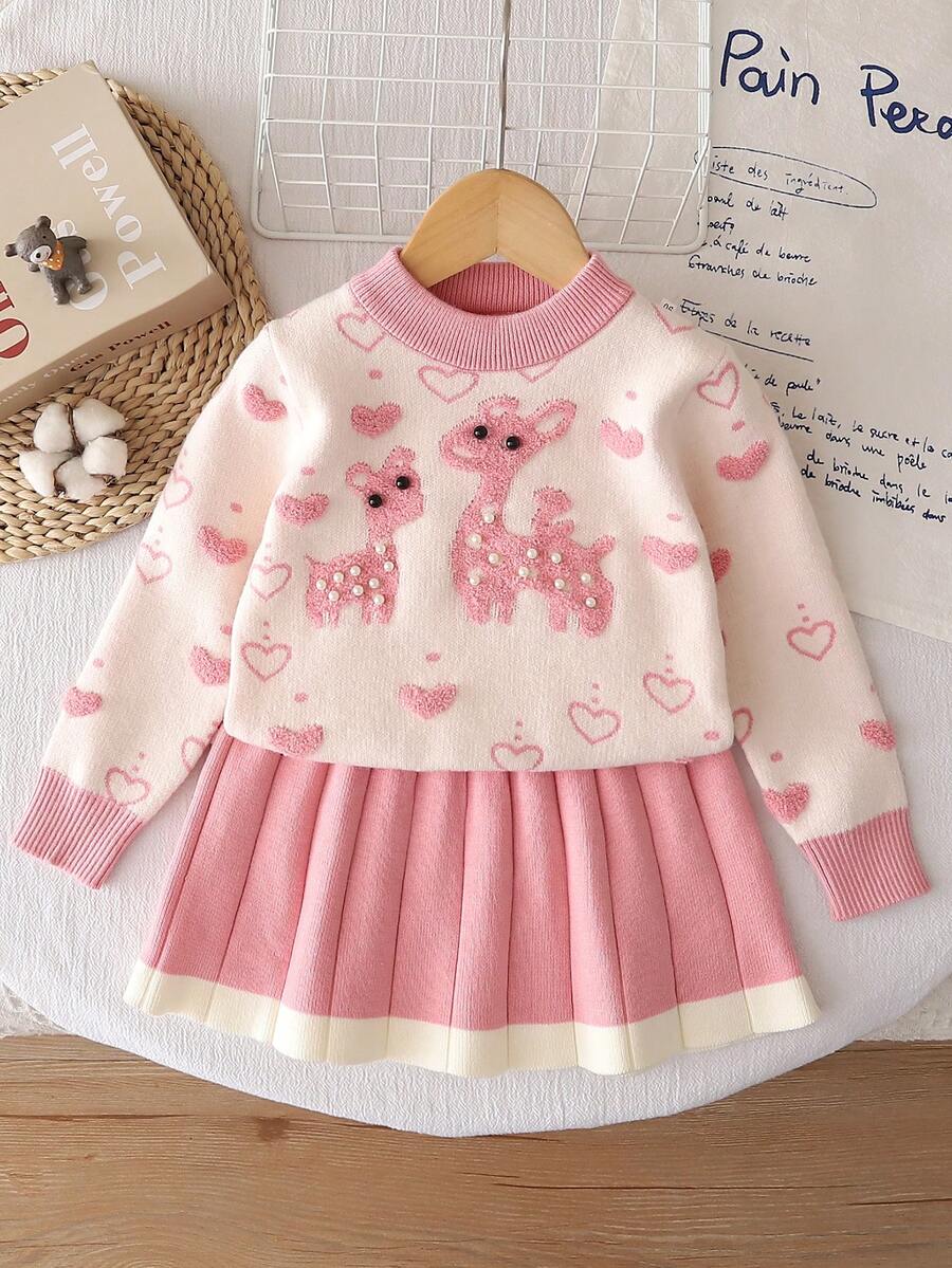 Girls' Fashion Autumn/Winter 2 Pieces Set, Cute Deer Knit Sweater Top And Skirt, Children's Clothing - Pink - View 1
