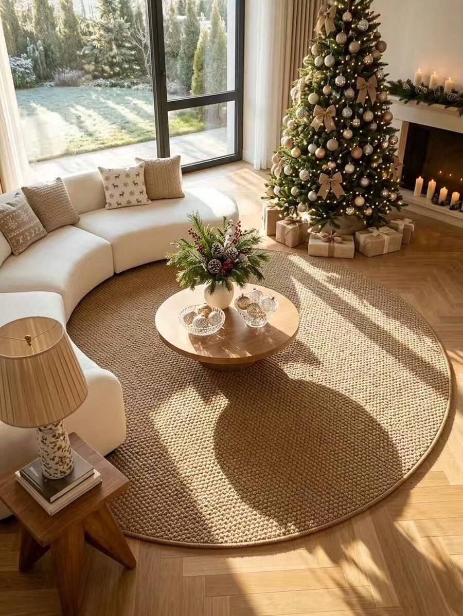 1 buah Karpet Bundar Anyaman Tangan Gaya Jute dari Bahan PP dan TPR, Lembut, Cocok untuk Lorong Masuk, Kamar Tidur, dan Ruang Dalam Ruangan - Coklat - View 1