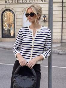Women's Elegant Striped Crew Neck Knit Cardigan, Versatile Fashion Casual Sweater, Retro Jacket For Commuting, Autumn Fall - Black and White - View 3