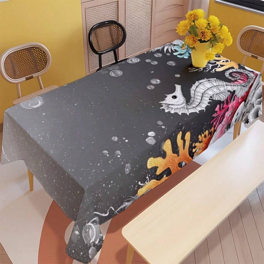 2D Flat, 1pc Soft, Fashionable And Beautiful Seahorse And Coral Underwater World Pattern Tablecloth, Dining Table/Coffee Table/Desk/Coffee Table, Picnic/Outdoor Dining Table/Camping Dining Table, Exquisite Lifestyle, Home Fabric - A - View 1