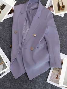 Spring/Summer Women's Solid Color Long Sleeve Double-Breasted Blazer, Notch Lapel | Suitable For Dating, Party, Outing And Holiday Celebration - Taro Purple - View 8