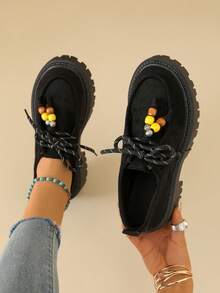 Lace-Up Vintage Beaded Suede Solid Color Loafers With Thick Serrated Platform Sole Slip-On Wedge Heels Fashion Versatile - Black - View 3