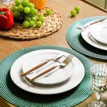 6 Pcs Dark Green PP Hand-Woven Round Placemats, Heat Insulation Table Mats, Wrinkle Resistant Decorative Pads, Multi-Color Optional, For Birthday Christmas Housewarming Banquet Holiday Party Family Gathering - Dark Green - View 5