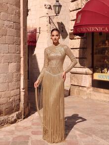 LOVE&LEMONADE Luxurious Women's Stand Collar Long Sleeve Gold Sequin Extra Long Tassel Party Evening Gown Dress - Gold - View 3