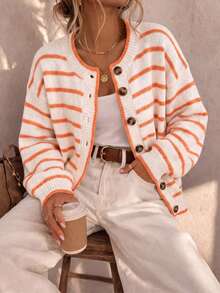 Plus Size Women's Striped Contrast Color Button Knit Cardigan - White - View 2